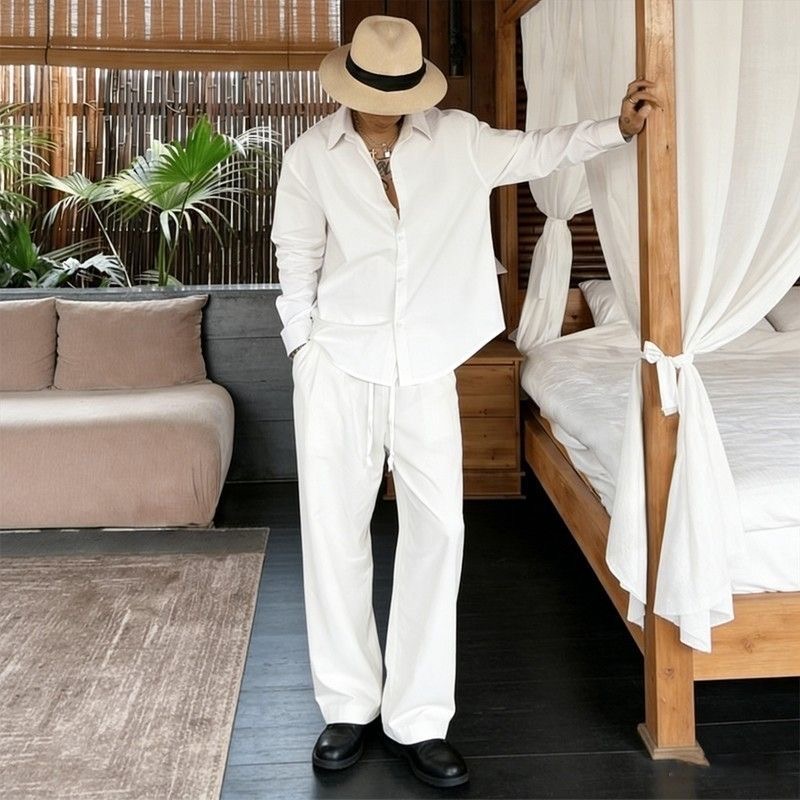 Mens Linen Shirt Long Sleeve - Witte linnen set, losvallende lange mouwen