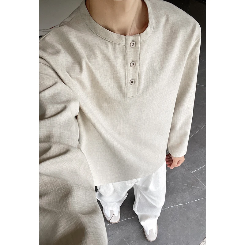 Mens Linen Shirt Long Sleeve - Casual herenhemd van imitatielinnen, Henley-model, lange