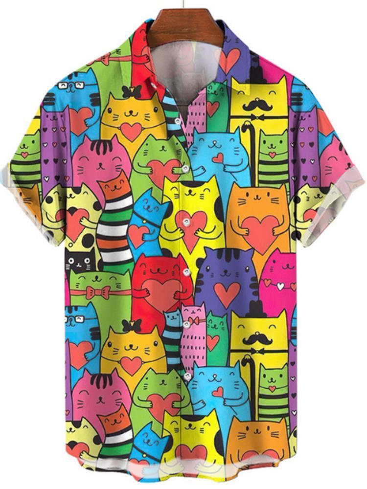 Vintage Hawaiian Floral Shirt - Hawaiiaans Oversized Heren Shirt Cartoon Kat