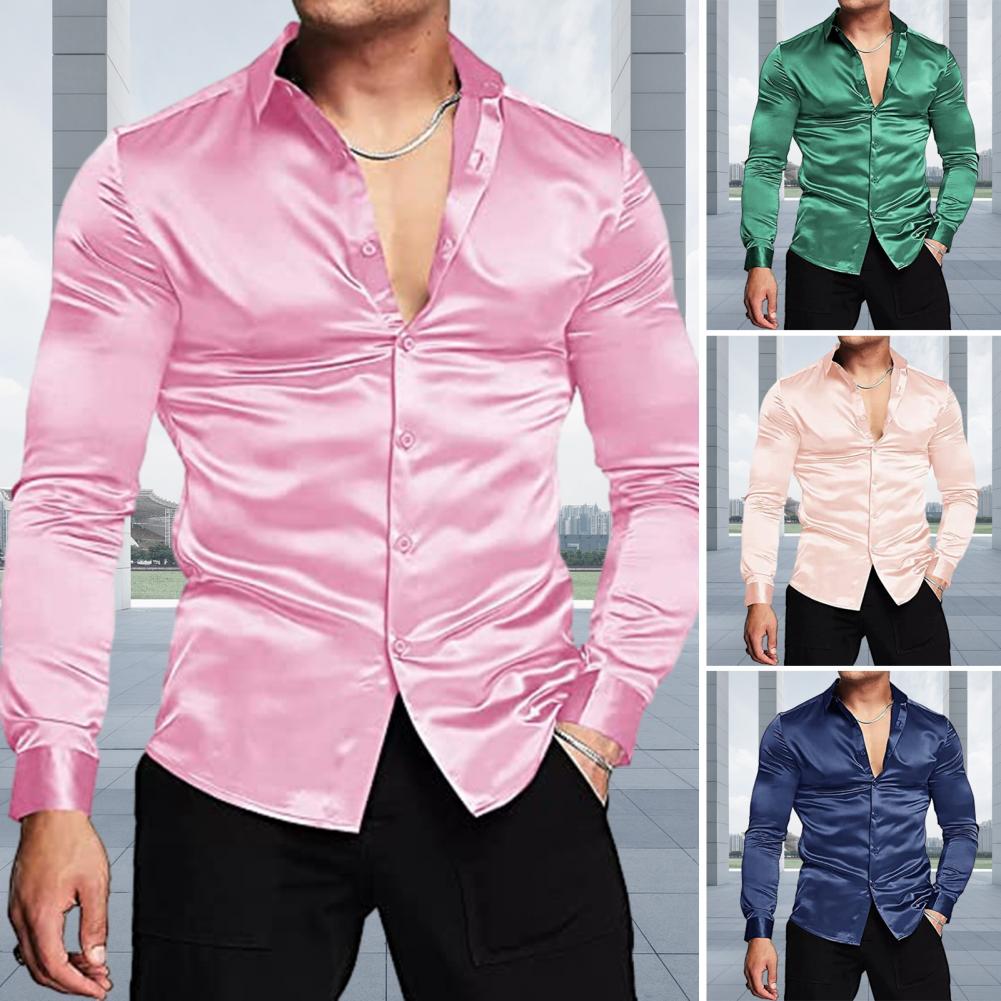 Mens Satin Silk Dress Shirt - Roze Zijde Satijn Luxe Overhemd Mannen