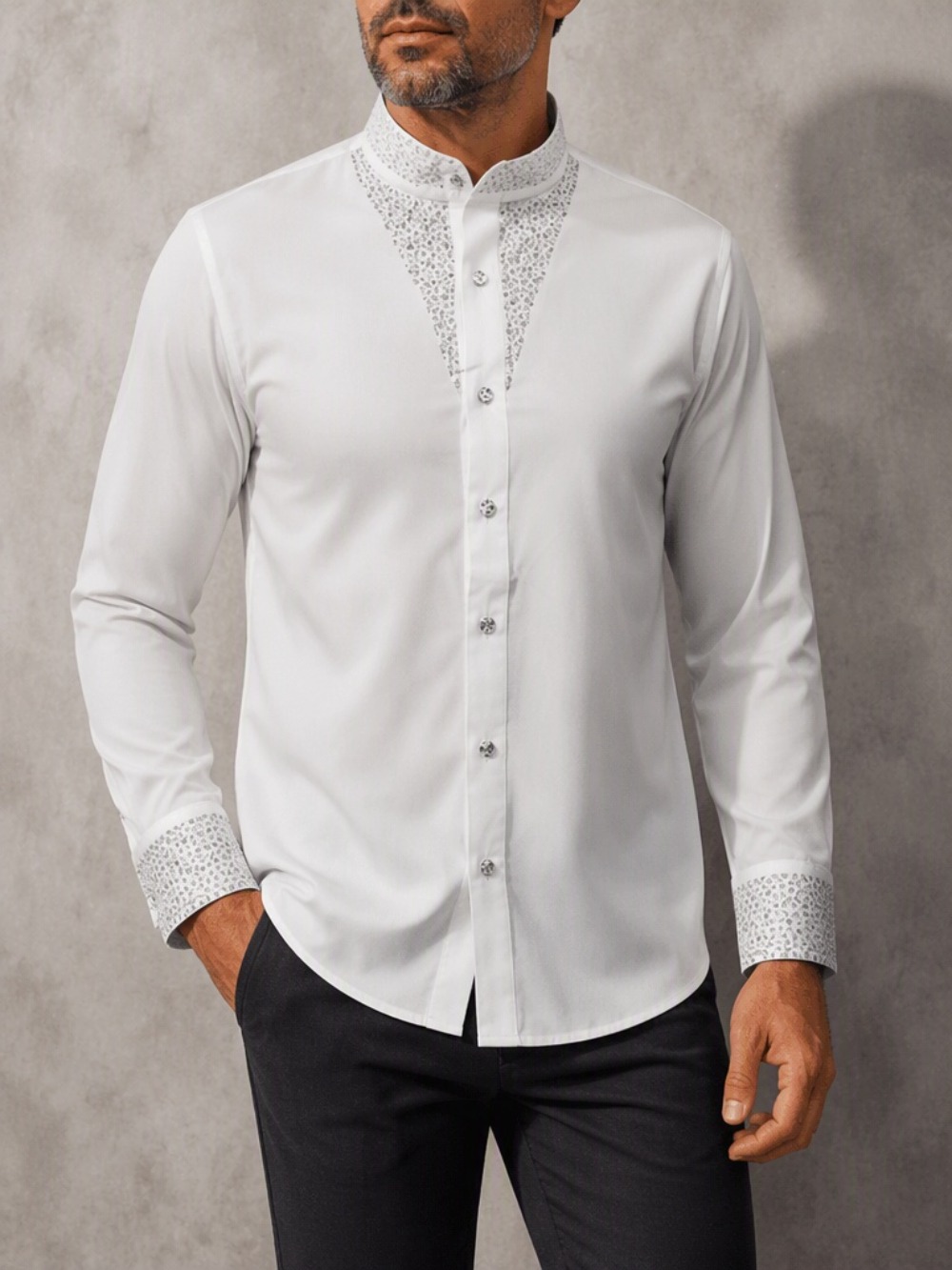 Mandarin Collar Formal Shirt Slim Fit - Heren casual zakelijk blouse, modieus luxe