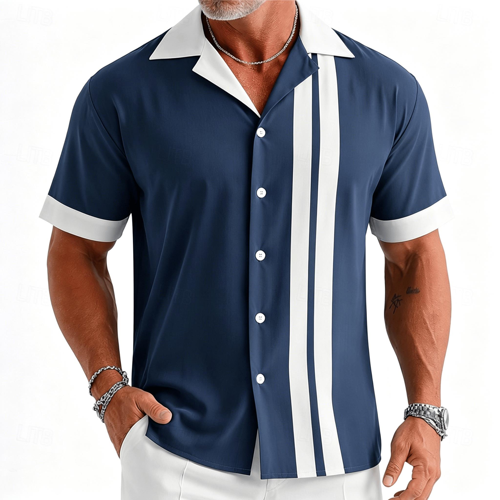 Short Sleeve Bowling Shirt Retro - Heren overhemd met korte mouwen, marineblauw