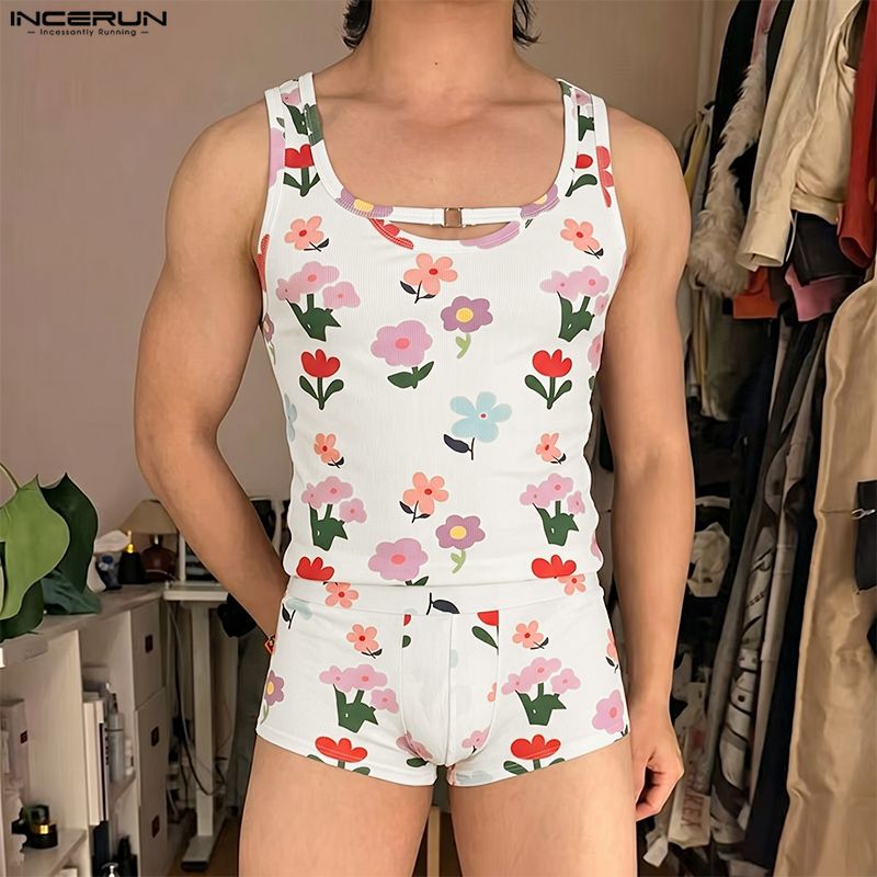 Shorts - INCERUN Herensets Bloemenprint Zomer Homewear Mouwloze