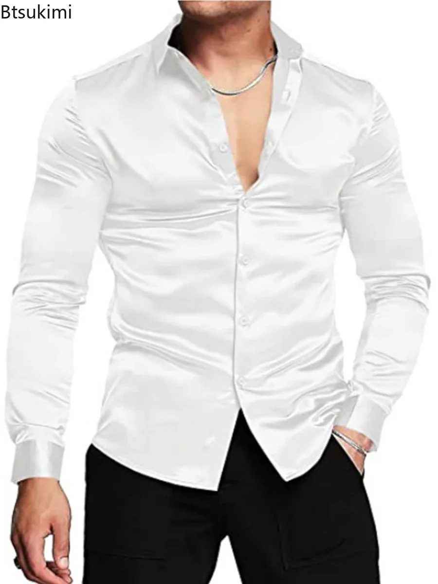 Mens Satin Silk Dress Shirt - Nieuwe 2026 Mannen Luxe Glanzende Zijde