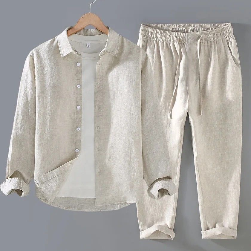 Witte linnen set, losvallende  - Mens Linen Shirt Long Sleeve recensie en prijs