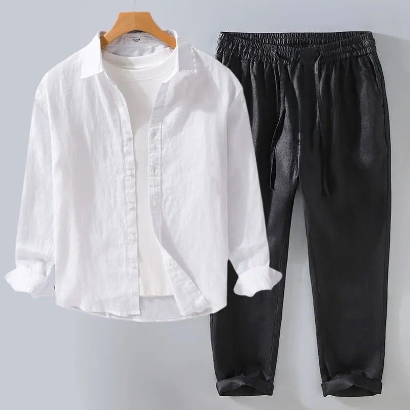 Witte linnen set, losvallende  - Mens Linen Shirt Long Sleeve recensie en prijs