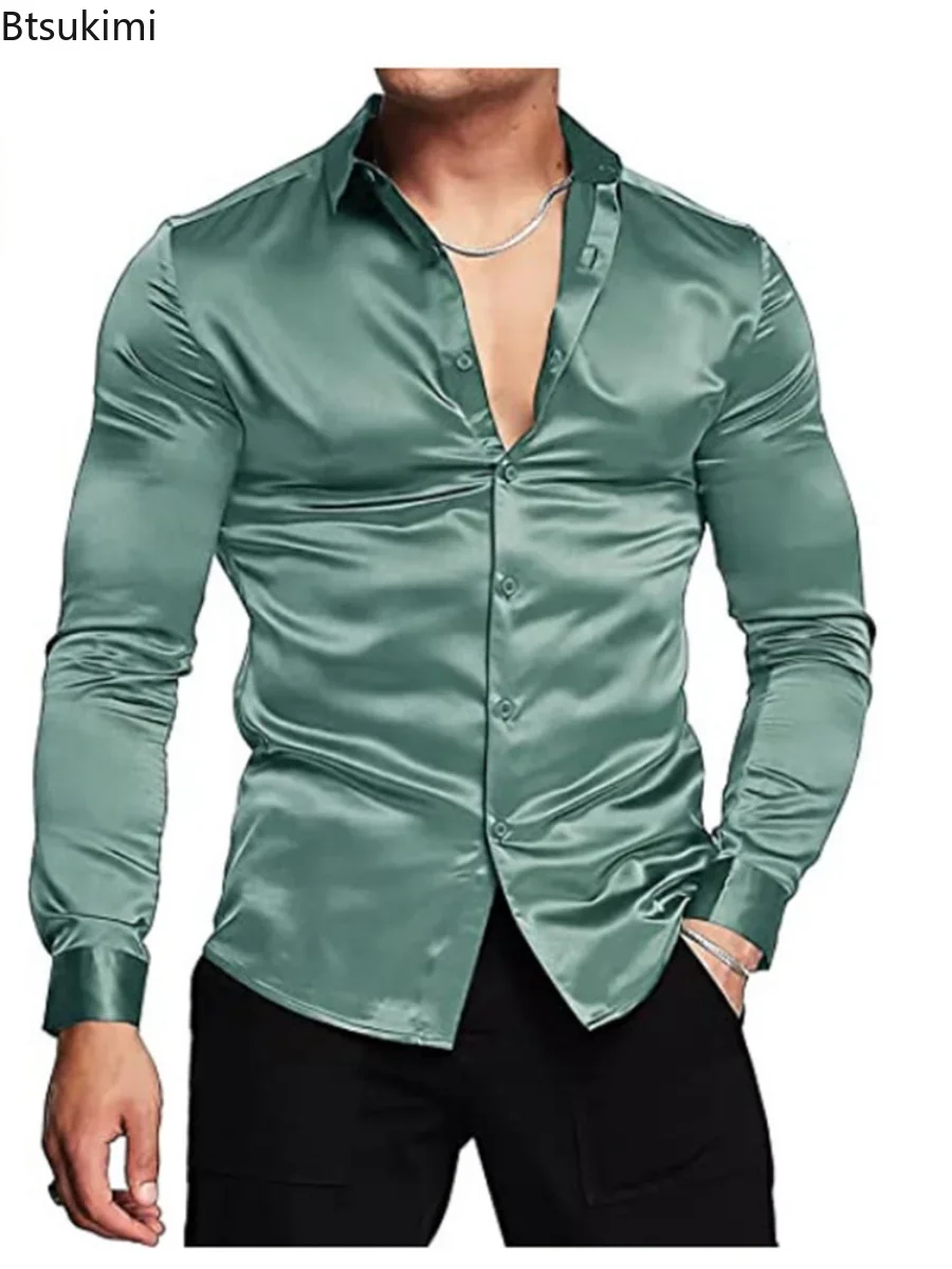 Nieuwe 2026 Mannen Luxe Glanze - Mens Satin Silk Dress Shirt recensie en prijs